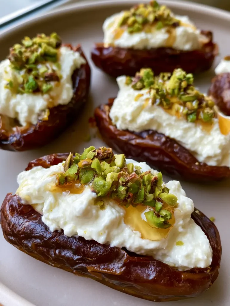 Detailed close-up showing the wrinkled texture of dark brown dates and the thick creaminess of ricotta. (Honey Pistachio Ricotta Stuffed Dates)