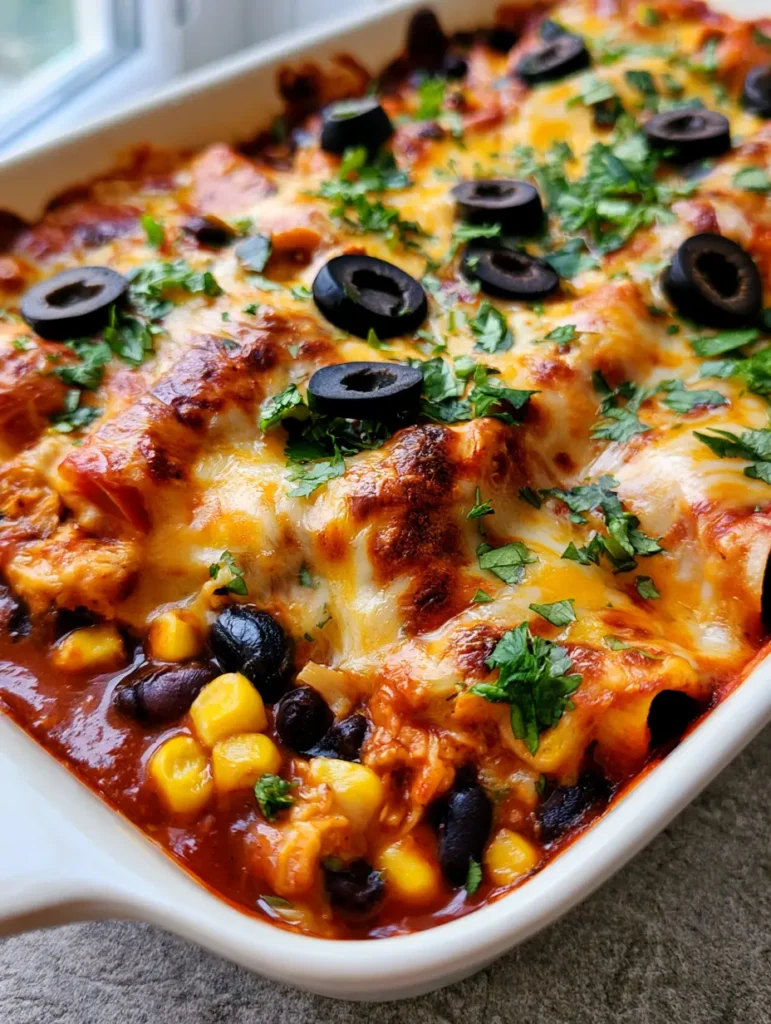 Chicken Enchilada Casserole: The Ultimate Cheesy Layered Tex-Mex Comfort Food 1 A close-up of a Chicken Enchilada Casserole with bubbly melted cheese, toasted spots, black olives, and fresh cilantro on a grey stone countertop.