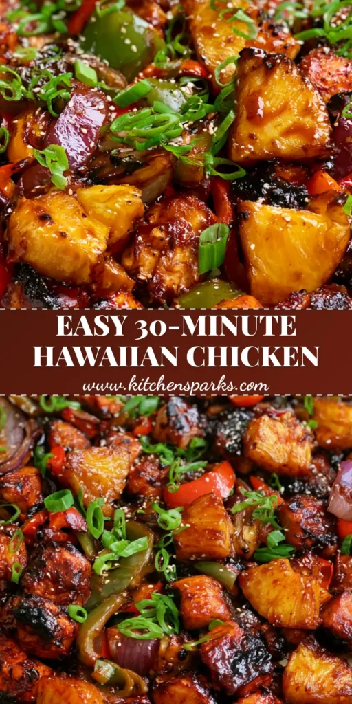 Hawaiian Chicken Sheet Pan: The Ultimate 30-Minute Tropical Dinner 4 A rustic sheet pan view of seared teriyaki chicken, charred pineapple, and blistered bell peppers. (Hawaiian Chicken Sheet Pan)