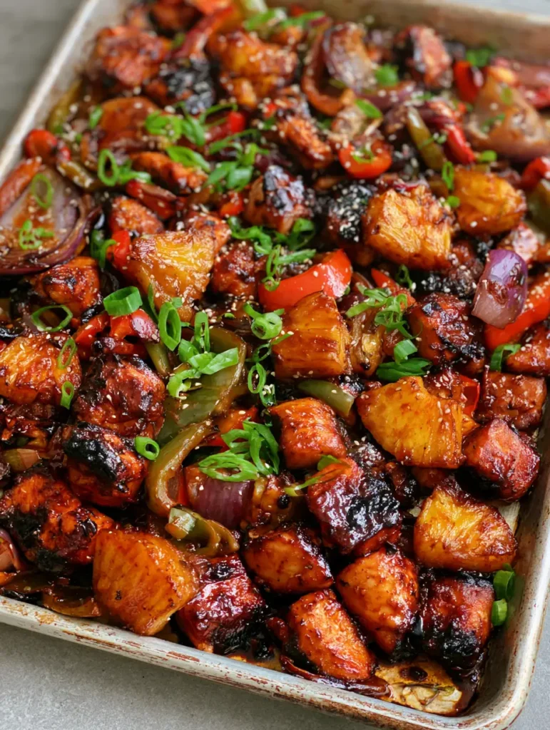 Hawaiian Chicken Sheet Pan: The Ultimate 30-Minute Tropical Dinner 2 Close-up of succulent cubed chicken breast with charred edges and roasted pineapple on a weathered metal tray. (Hawaiian Chicken Sheet Pan)