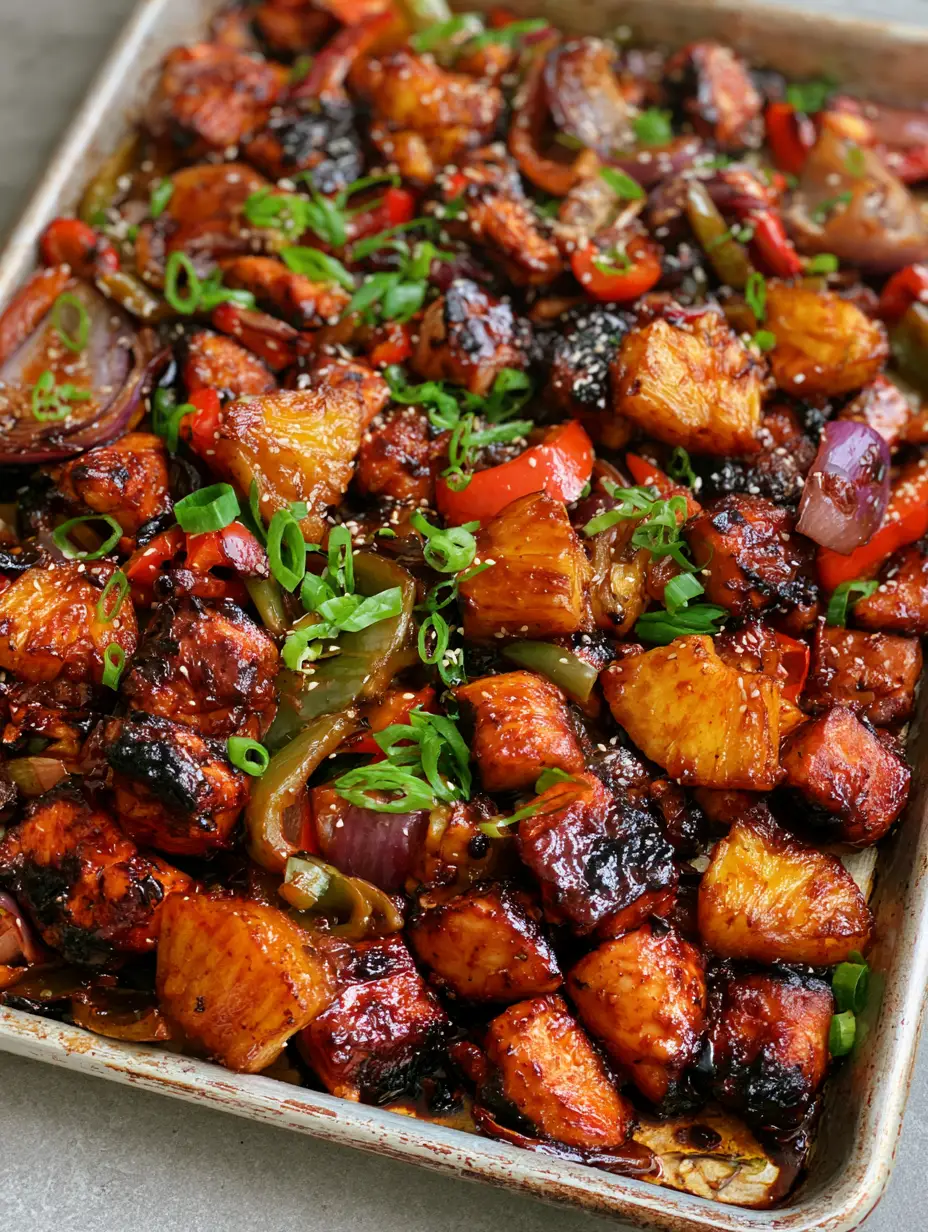 Hawaiian Chicken Sheet Pan: The Ultimate 30-Minute Tropical Dinner 3 Close-up of succulent cubed chicken breast with charred edges and roasted pineapple on a weathered metal tray. (Hawaiian Chicken Sheet Pan)