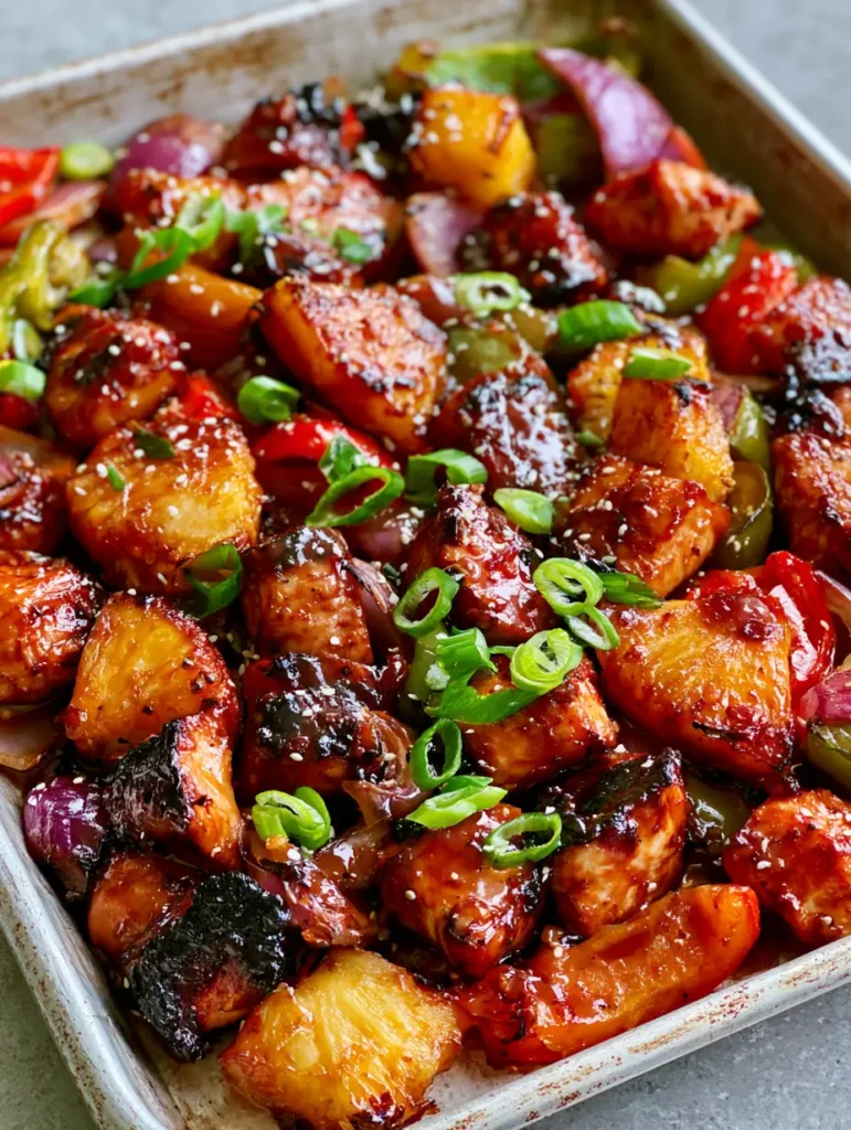 Hawaiian Chicken Sheet Pan: The Ultimate 30-Minute Tropical Dinner 1 A top-down view of the Hawaiian Chicken Sheet Pan showing the vibrant red and green blistered peppers and red onion wedges.