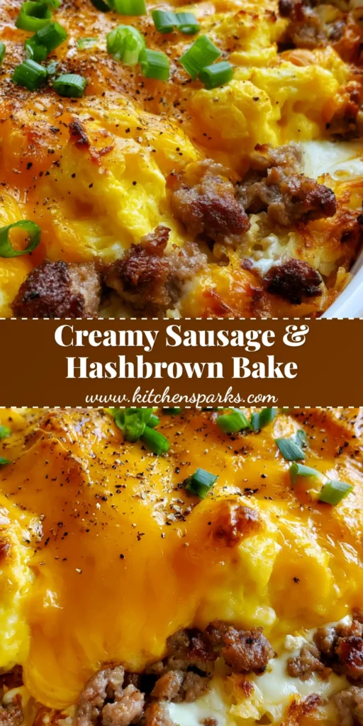 A bubbling Sausage Egg and Cream Cheese Hashbrown Casserole in a white ceramic dish with toasted cheddar edges and green scallions.