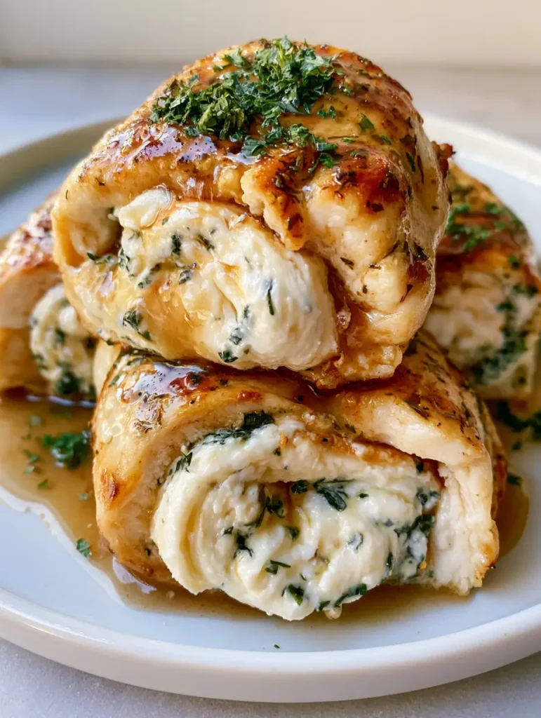 Herbed Ricotta Stuffed Chicken: The Ultimate Golden-Brown Dinner 2 Close-up of Herbed Ricotta Stuffed Chicken sliced into rolls, showing the thick white ricotta filling and green herb flecks.