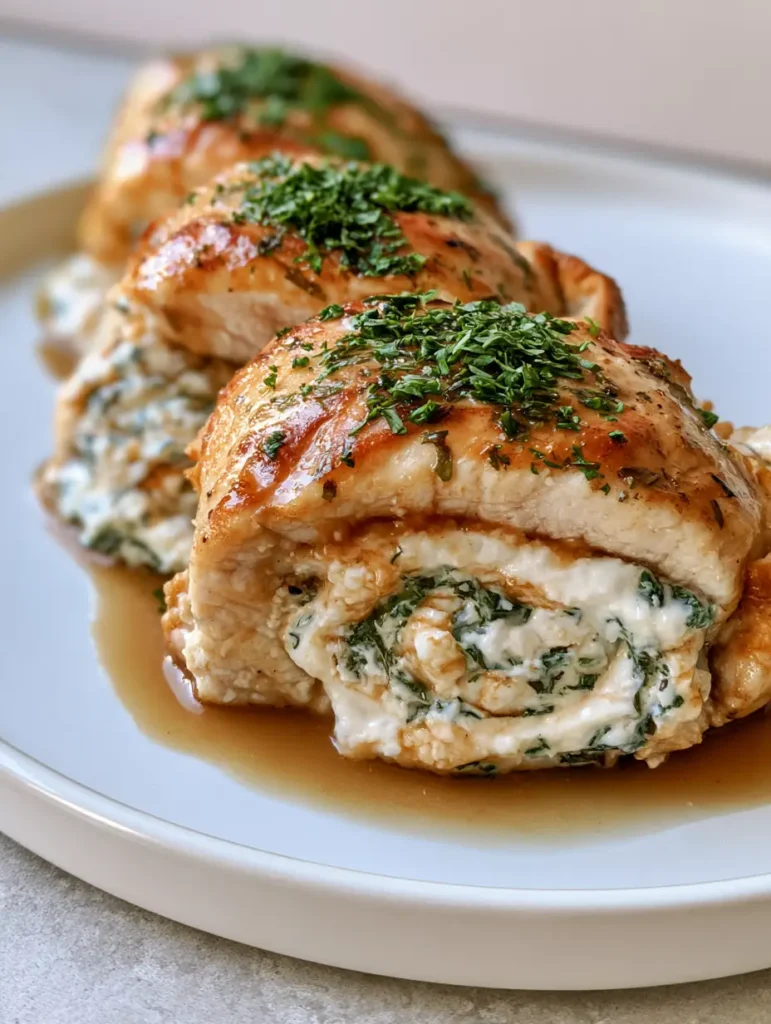 Herbed Ricotta Stuffed Chicken: The Ultimate Golden-Brown Dinner 1 Sizzling golden-brown Herbed Ricotta Stuffed Chicken rolls plated elegantly with fresh parsley garnish.