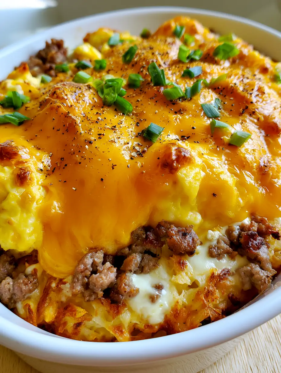 Close up shot showing the golden-brown crispy hashbrown layer and browned sausage crumbles in the Sausage Egg and Cream Cheese Hashbrown Casserole.