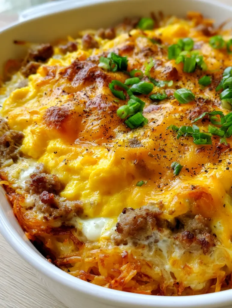 Visual of the bubbling cheddar cheese crust and melted cream cheese dollops on the Sausage Egg and Cream Cheese Hashbrown Casserole.
