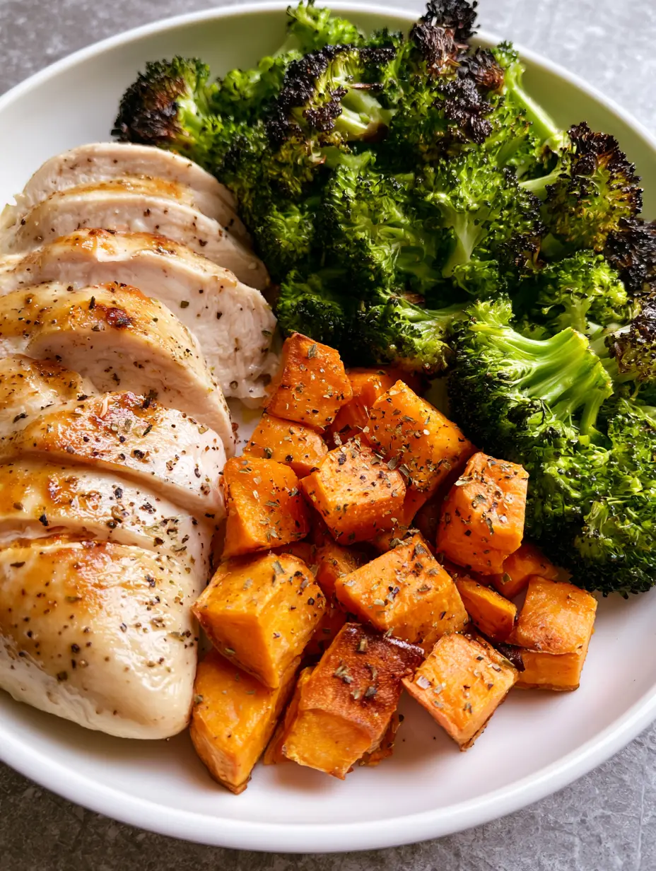 Close up of juicy sliced chicken breast with golden sear marks on a white plate. (Healthy Dinners for Picky Eaters)
