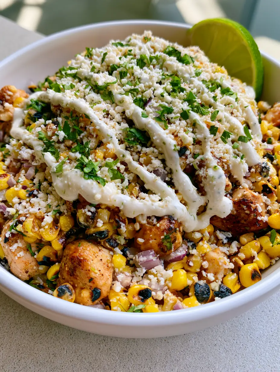 High-Protein Chicken Street Corn Salad: The Ultimate 20-Minute Healthy Power Bowl 3 Close up photo of High-Protein Chicken Street Corn Salad with visible charred corn kernels and cotija cheese crumbles.
