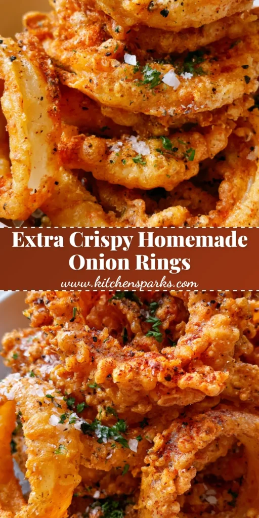 A tall stack of Crispy Homemade Onion Rings with bubbly batter, black pepper specks, and fresh parsley in a white bowl.
