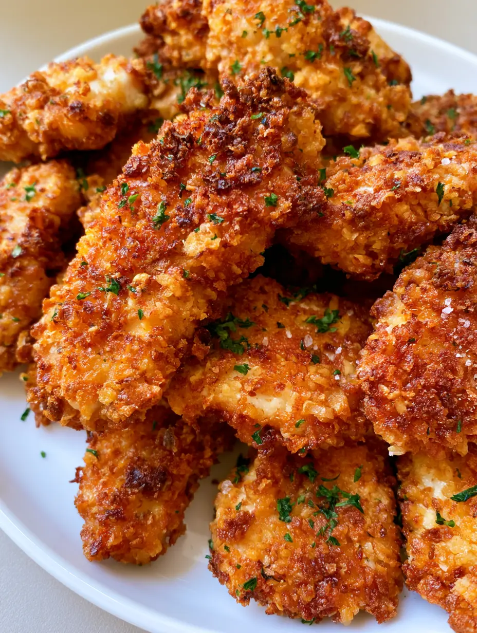 High-angle close-up of thick, craggy panko-coated chicken nuggets with visible dried parsley. (Homemade Snacks for Kids)
