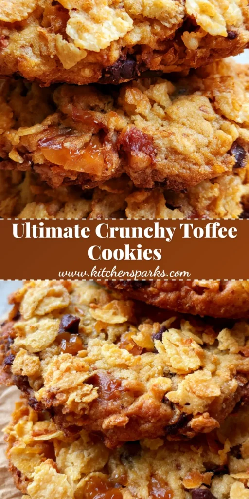 Cornflake Toffee Cookies: The Ultimate Crunchy Bakery-Style Recipe 4 A stack of thick Cornflake Toffee Cookies featuring golden-brown dough, visible amber toffee bits, and dark chocolate chunks, crusted in toasted cornflakes on rustic brown parchment. (Cornflake Toffee Cookies)