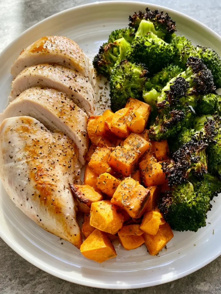 Vibrant roasted broccoli with charred tips and caramelized sweet potato cubes. (Healthy Dinners for Picky Eaters)