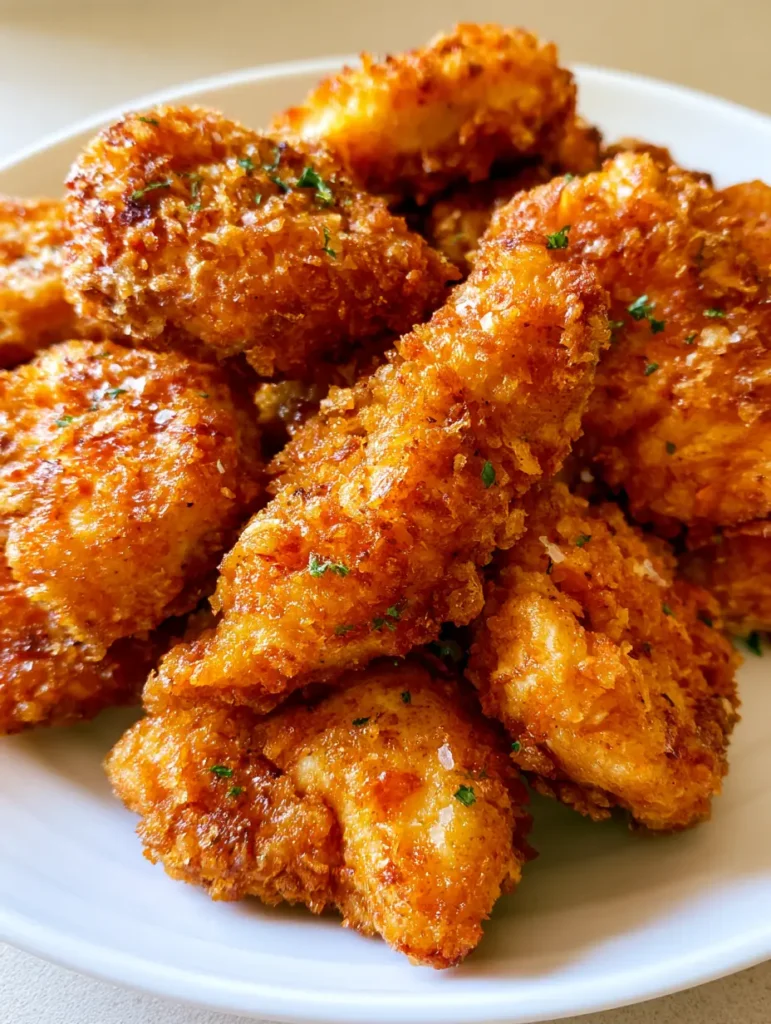 A pile of irregular-shaped homemade chicken nuggets on a clean white ceramic plate under natural light.