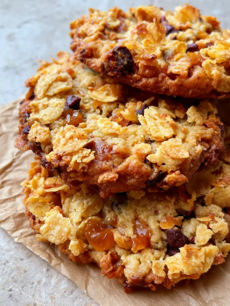 Cornflake Toffee Cookies: The Ultimate Crunchy Bakery-Style Recipe 2 Close-up of Cornflake Toffee Cookies on grey stone countertop with natural morning light highlighting the jagged toasted cereal crust. (Cornflake Toffee Cookies)