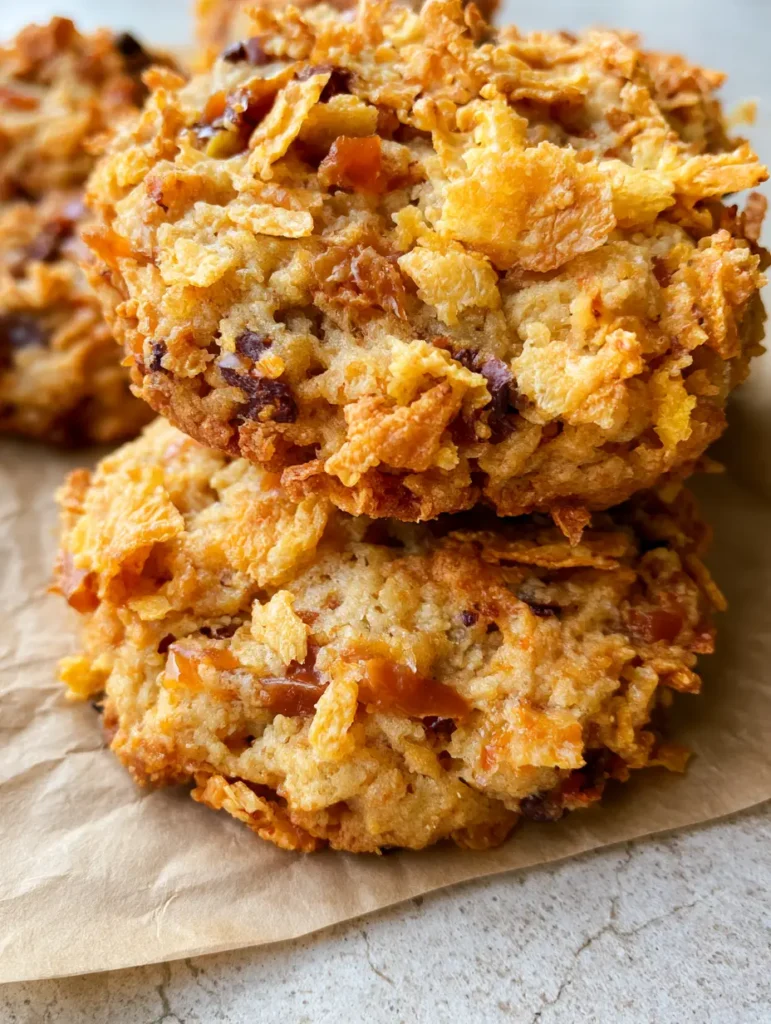 Cornflake Toffee Cookies: The Ultimate Crunchy Bakery-Style Recipe 1 Overhead view of a stack of thick cookies with melted amber toffee and chocolate chunks on crinkled brown parchment paper.