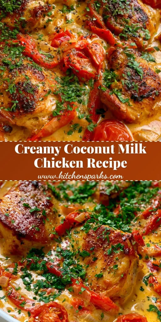 A top-down view of Creamy Coconut Milk Chicken in a white skillet with charred chicken, red peppers, and cilantro.