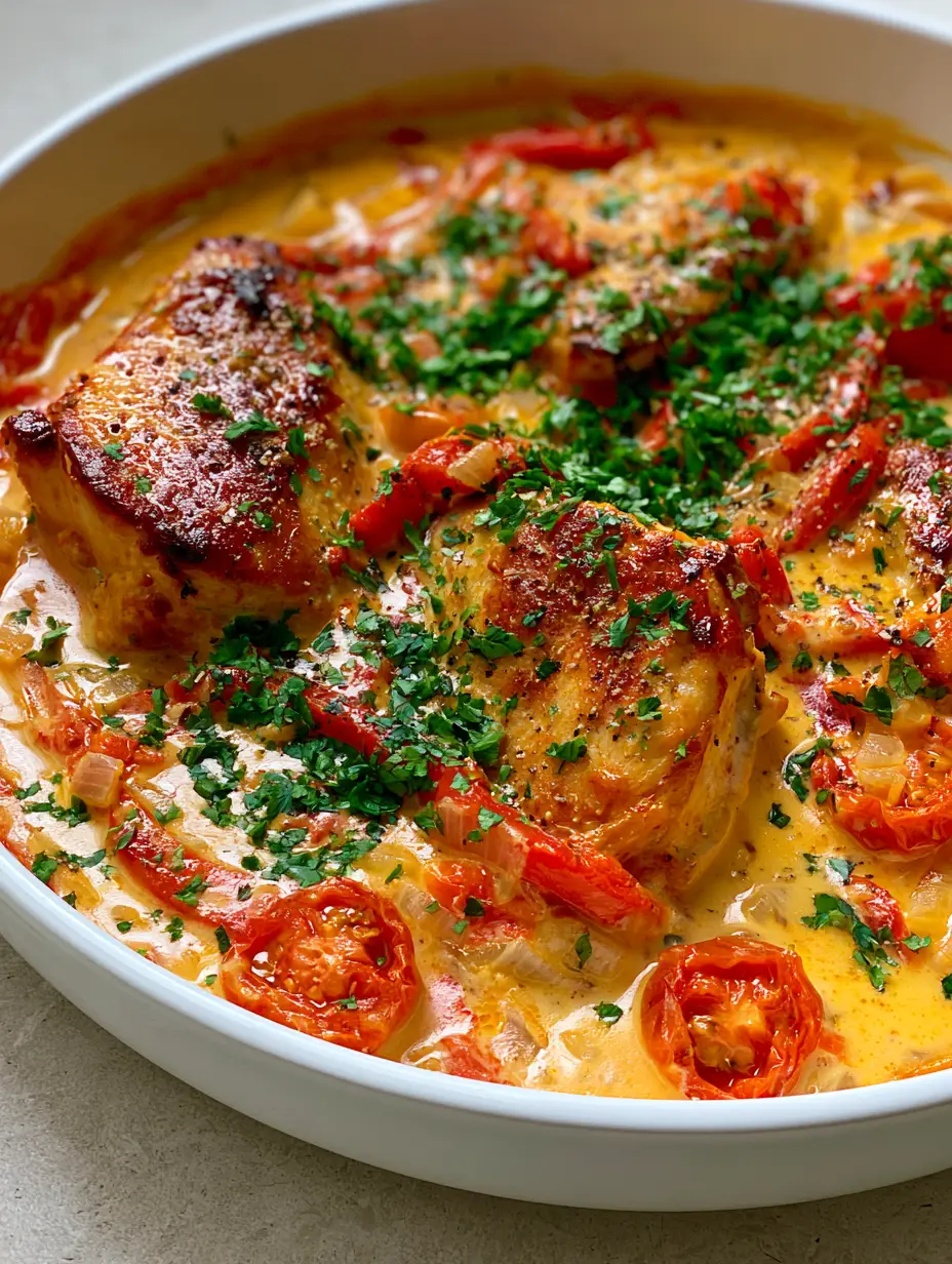 Smartphone photo of seared golden-brown chicken in a thick pale orange coconut sauce with cilantro garnish. (Creamy Coconut Milk Chicken)