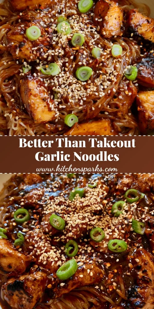 A close-up shot of a white bowl filled with glossy, mahogany-colored Sticky Garlic Chicken Noodles topped with green onions and sesame seeds.