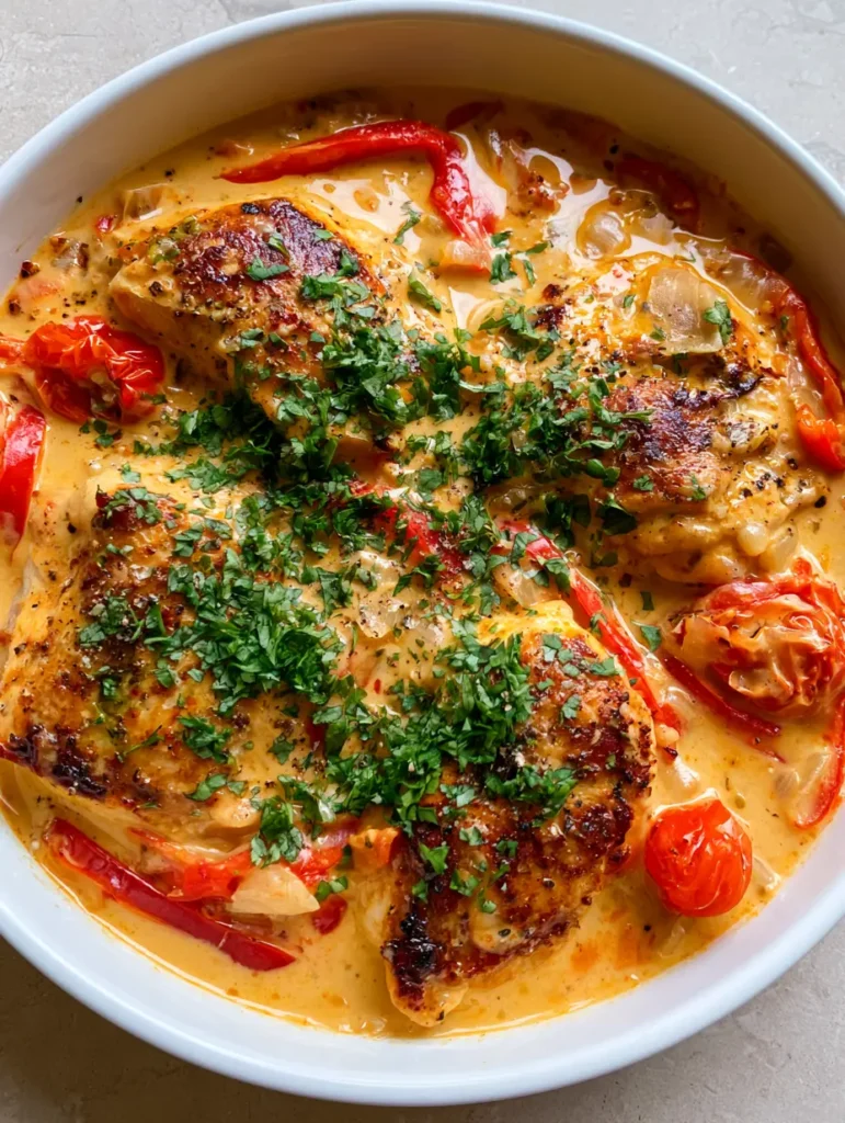 Close up of the glossy coconut sauce with blistered cherry tomatoes and soft red bell pepper strips. (Creamy Coconut Milk Chicken)