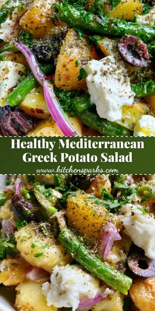Mediterranean Greek Potato Salad with Herb Vinaigrette and Feta 4 A handheld smartphone photo of a fresh Mediterranean Greek Potato Salad served in a wide, shallow white ceramic bowl with gold potatoes, green beans, and feta.
