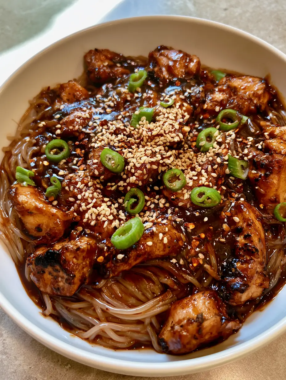 A smartphone photo of Sticky Garlic Chicken Noodles in a white bowl showing charred chicken chunks and translucent noodles in a glossy sauce.