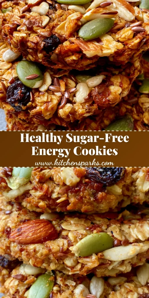 Healthy Energy Cookies with Toasted Oats and Crunchy Seeds 5 A stack of Healthy Energy Cookies with visible pumpkin seeds and slivered almonds on a grey stone surface.