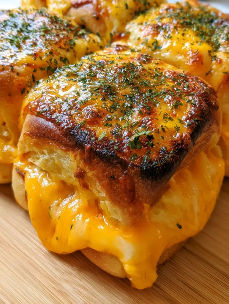 Smartphone photo of Mini Grilled Cheese Hawaiian Rolls being pulled apart with gooey cheese stretch.