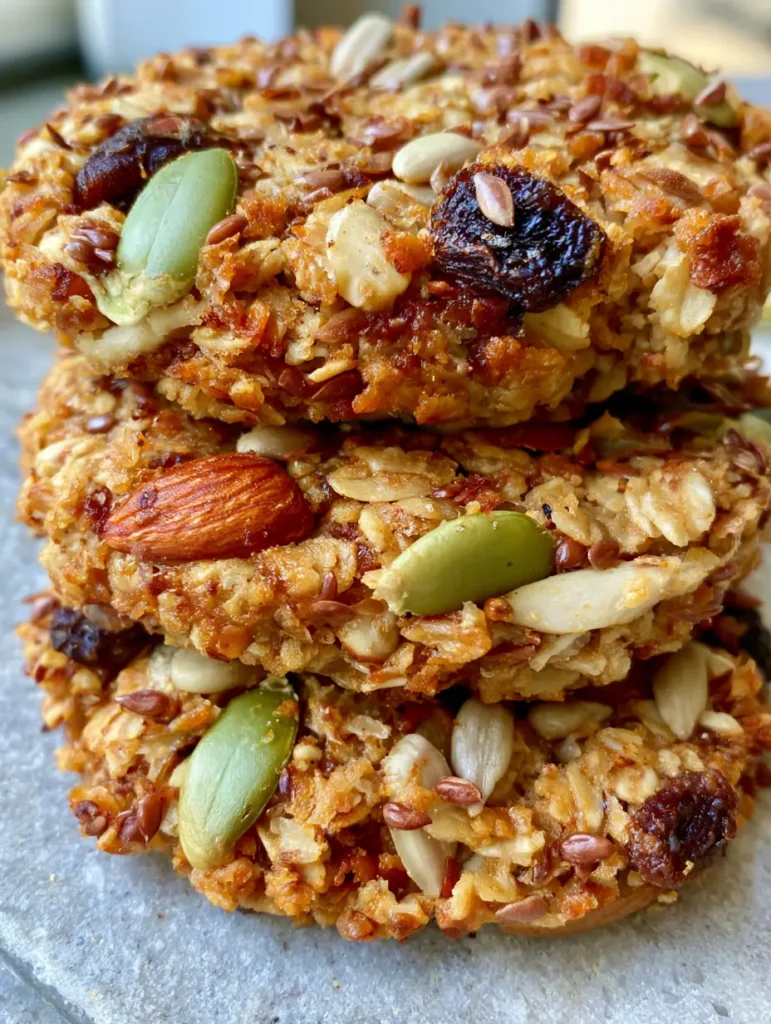 Close-up of a round healthy energy cookie showing toasted oats, green pumpkin seeds, and flax seeds. (Healthy Energy Cookies)