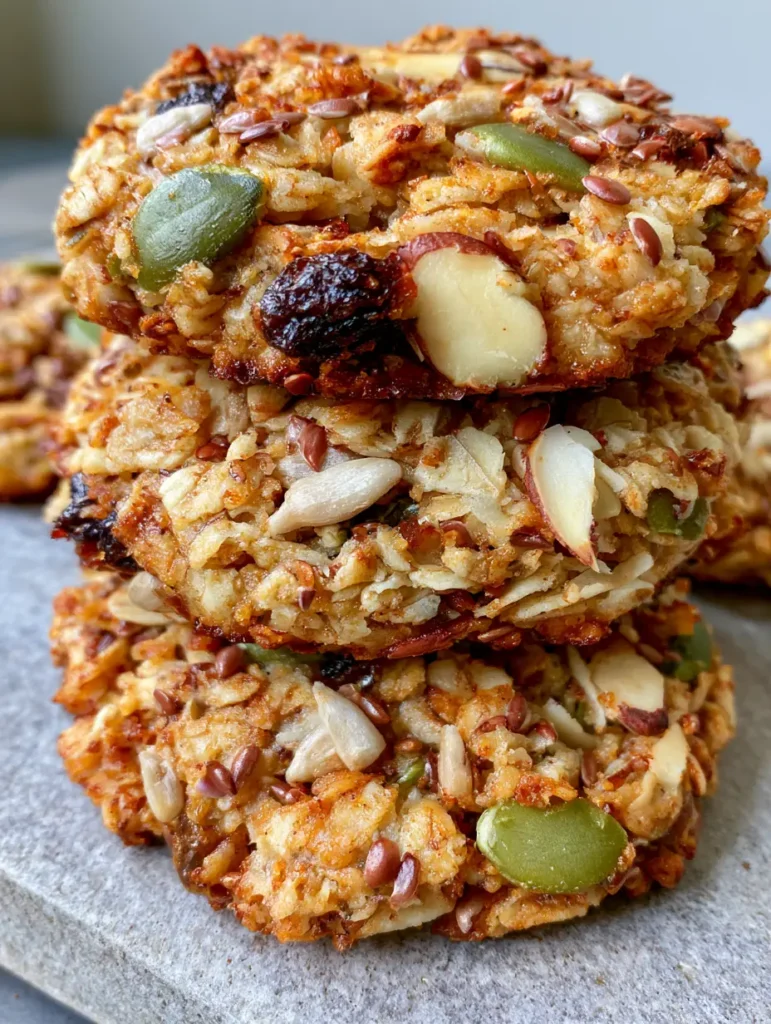 Healthy Energy Cookies with Toasted Oats and Crunchy Seeds 1 A handheld photo of stacked Healthy Energy Cookies featuring sunflower seeds and golden raisins.