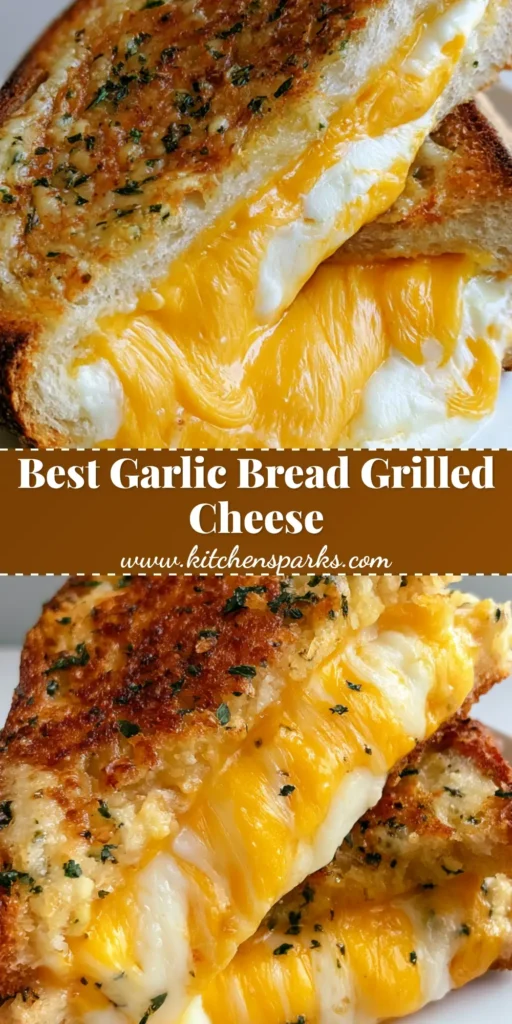 Garlic Bread Grilled Cheese with Sourdough and Sharp Cheddar 4 A handheld gourmet Garlic Bread Grilled Cheese sandwich sliced diagonally, showing a massive cheese stretch of yellow cheddar and white mozzarella on thick sourdough bread with a garlic butter crust and parsley specks.