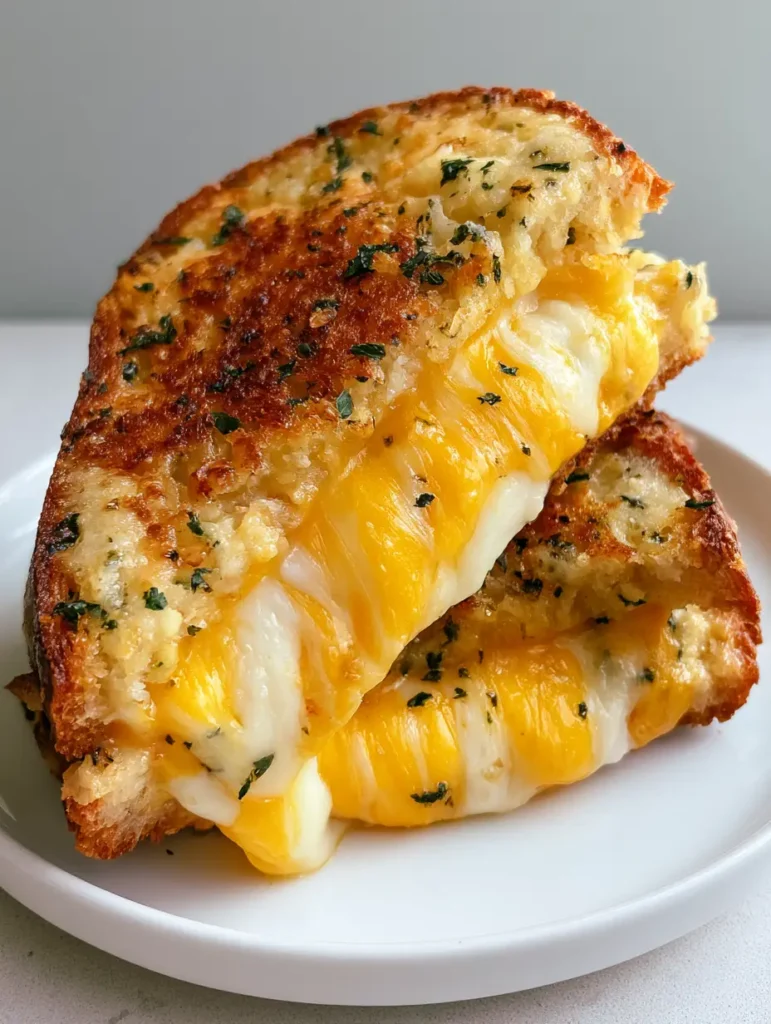 Smartphone photo of a Garlic Bread Grilled Cheese on a white ceramic plate, showing the deep golden-brown sourdough crust and melted butter with parsley flakes.