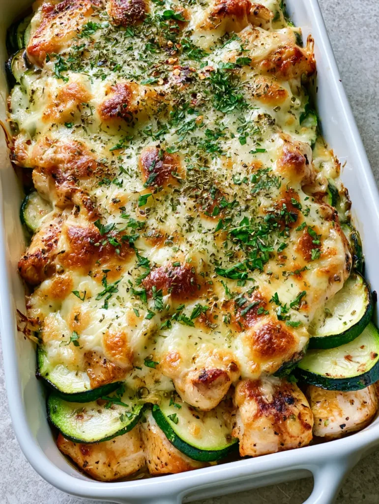 Overhead view of a cooked Chicken Zucchini Bake with a heavy dusting of fresh basil and red pepper flakes.