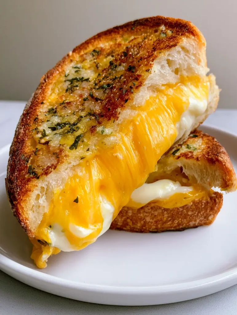 Garlic Bread Grilled Cheese with Sourdough and Sharp Cheddar 1 Close-up of the molten yellow cheddar and white mozzarella layers in a Garlic Bread Grilled Cheese sandwich.