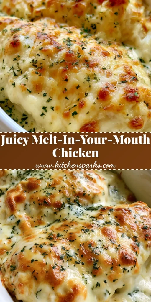 Melt-In-Your-Mouth Chicken: The Ultimate Creamy Garlic Parmesan Bake 4 Succulent Melt-In-Your-Mouth Chicken served in a white ceramic dish with a browned parmesan crust and parsley specks.