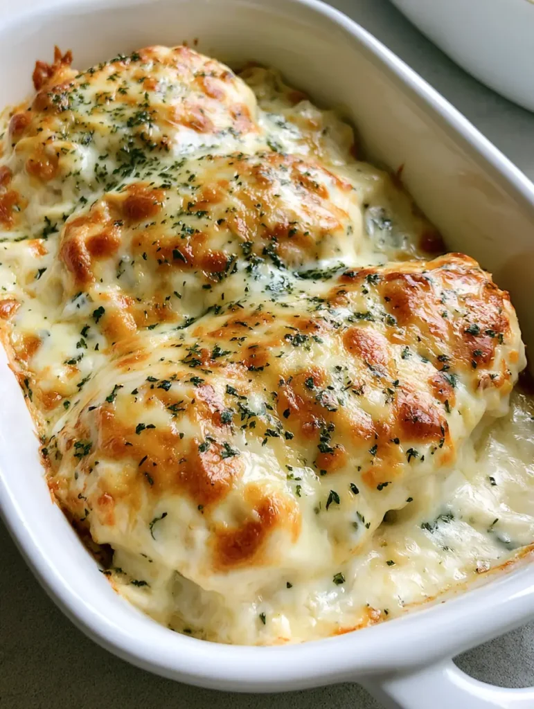 Melt-In-Your-Mouth Chicken: The Ultimate Creamy Garlic Parmesan Bake 2 Close up photo of Melt-In-Your-Mouth Chicken showing the thick white garlic sauce and bubbly cheese topping.