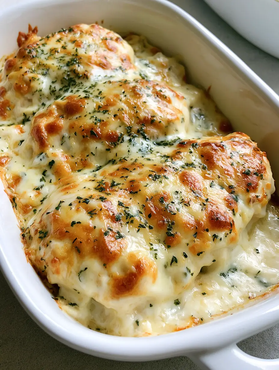 Melt-In-Your-Mouth Chicken: The Ultimate Creamy Garlic Parmesan Bake 3 Close up photo of Melt-In-Your-Mouth Chicken showing the thick white garlic sauce and bubbly cheese topping.