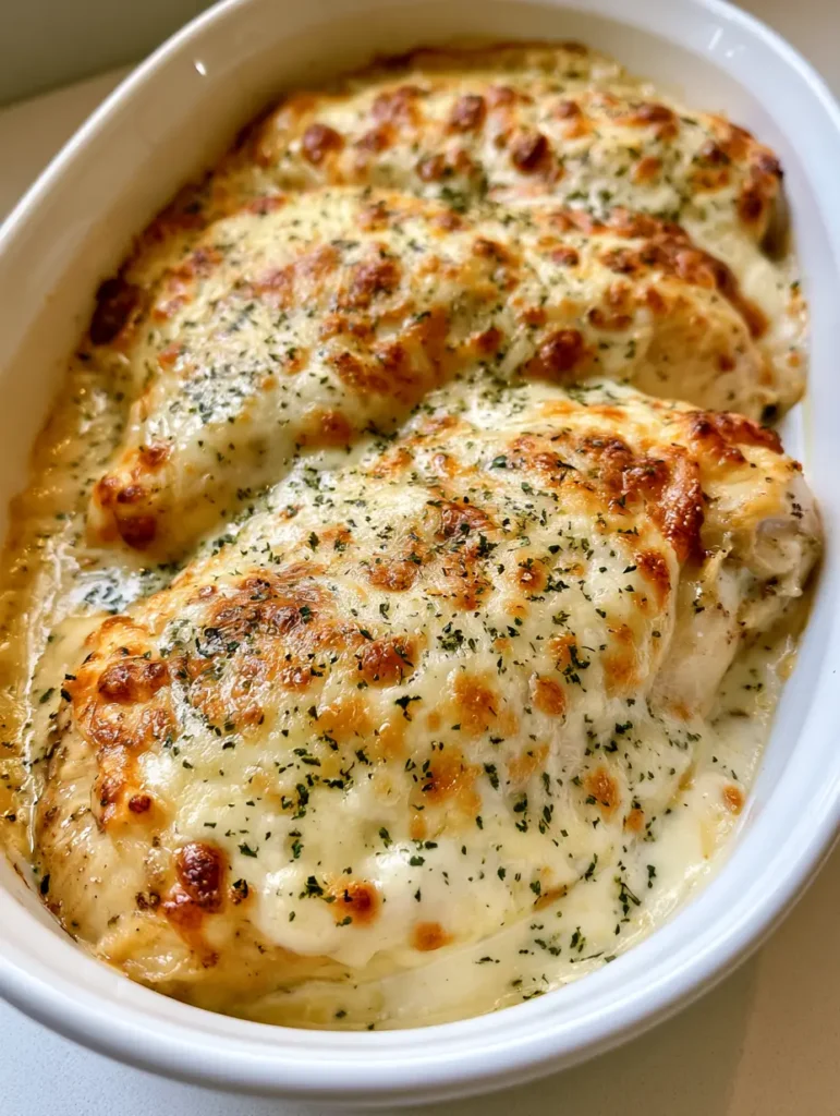 Melt-In-Your-Mouth Chicken: The Ultimate Creamy Garlic Parmesan Bake 1 Wide view of succulent baked Melt-In-Your-Mouth Chicken in a white casserole dish under natural light.