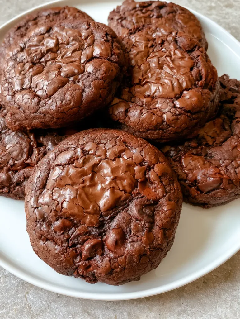 Close-up of brownie mix cookies showing the deep chocolate brown color and soft interior texture.