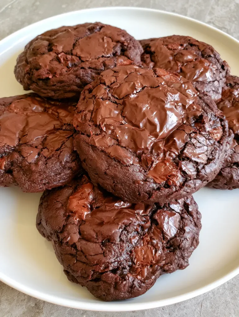 Brownie Mix Cookies: The Ultimate Fudgy Recipe with Glossy Crinkle Tops 1 Handheld photo of brownie mix cookies arranged on a plain white plate atop a stone countertop.