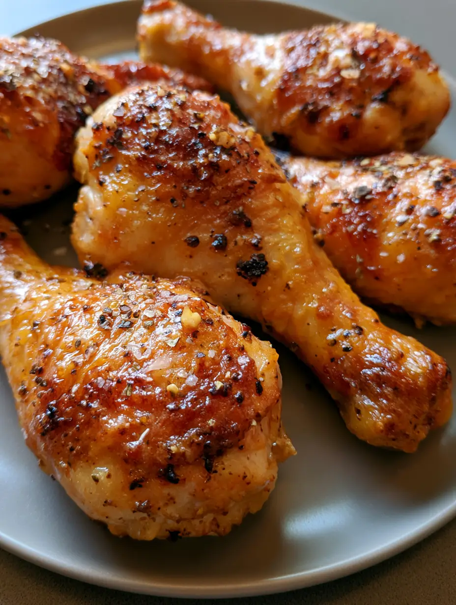 Handheld photo of golden brown Crispy Oven Baked Chicken Legs on a ceramic plate. (Crispy Oven Baked Chicken Legs)