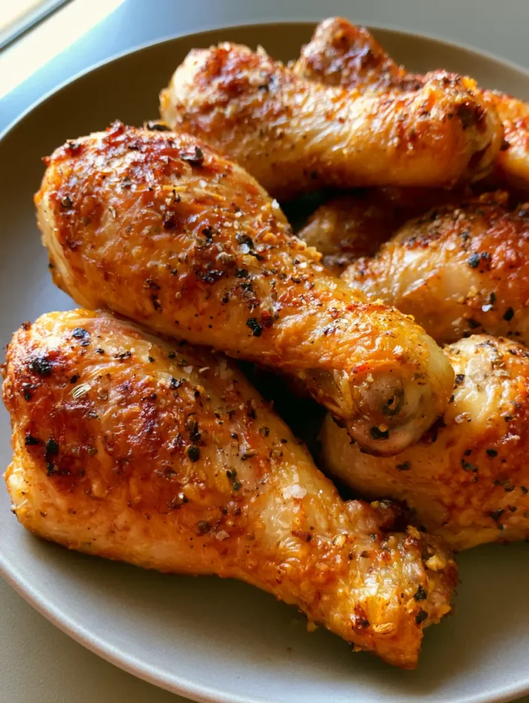 Close up of textured skin on Crispy Oven Baked Chicken Legs with cracked black pepper.