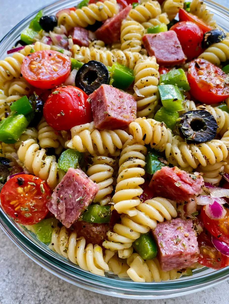 Vibrant Italian High Protein Pasta Salad in a clear container showing rotini, tomatoes, and salami.