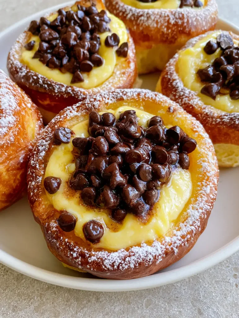Chocolate Chip Custard Brioche: The Ultimate Guide to Bakery-Style Pastries 1 Golden-brown brioche buns with glistening chocolate chips and a dusting of powdered sugar.