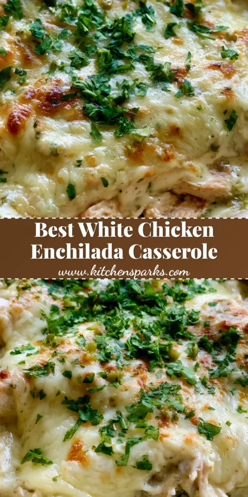 White Chicken Enchilada Casserole with Creamy Sour Cream Sauce 4 A top-down view of a White Chicken Enchilada Casserole in a ceramic dish, featuring bubbly melted Monterey Jack cheese and fresh cilantro.