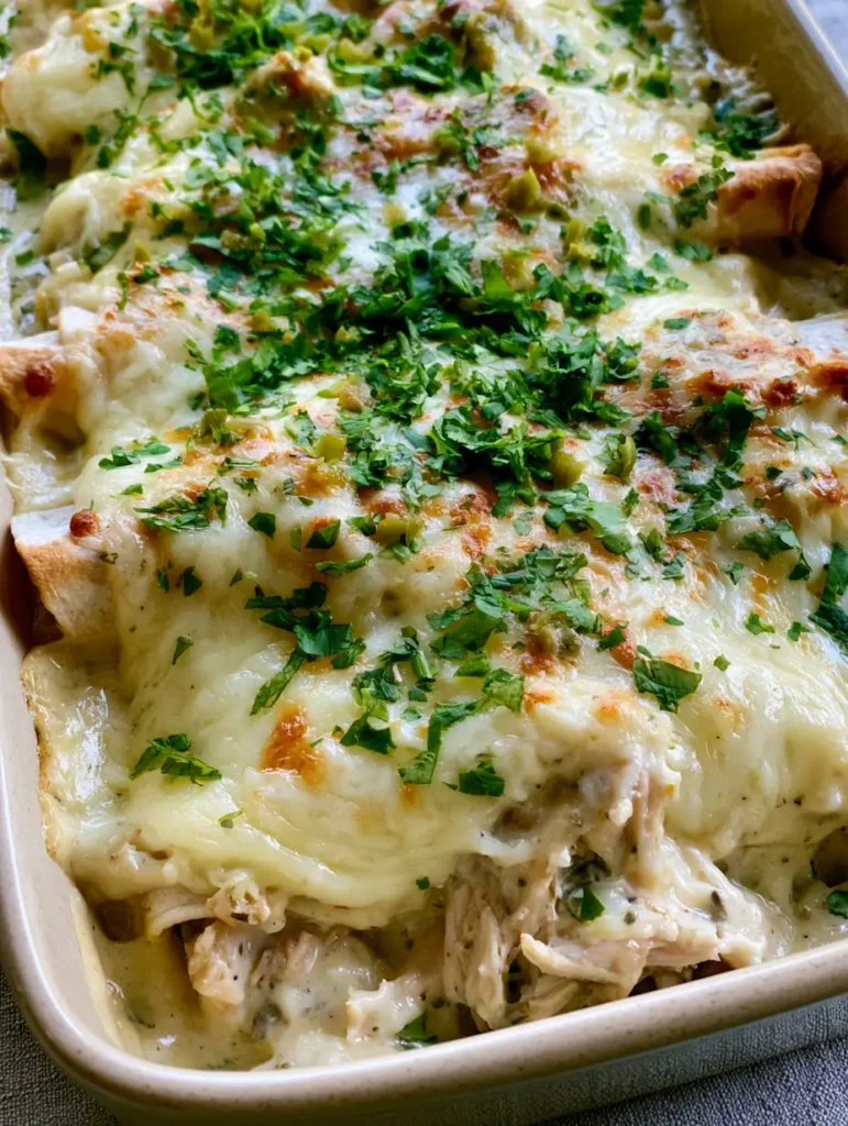 White Chicken Enchilada Casserole with Creamy Sour Cream Sauce 2 Close-up of White Chicken Enchilada Casserole showing shredded chicken, corn tortillas, and bubbly cheese.