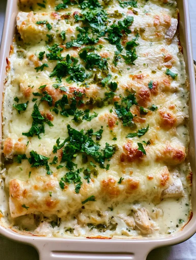 White Chicken Enchilada Casserole with Creamy Sour Cream Sauce 1 Top-down shot of the finished White Chicken Enchilada Casserole with diced green chiles and cilantro garnish.