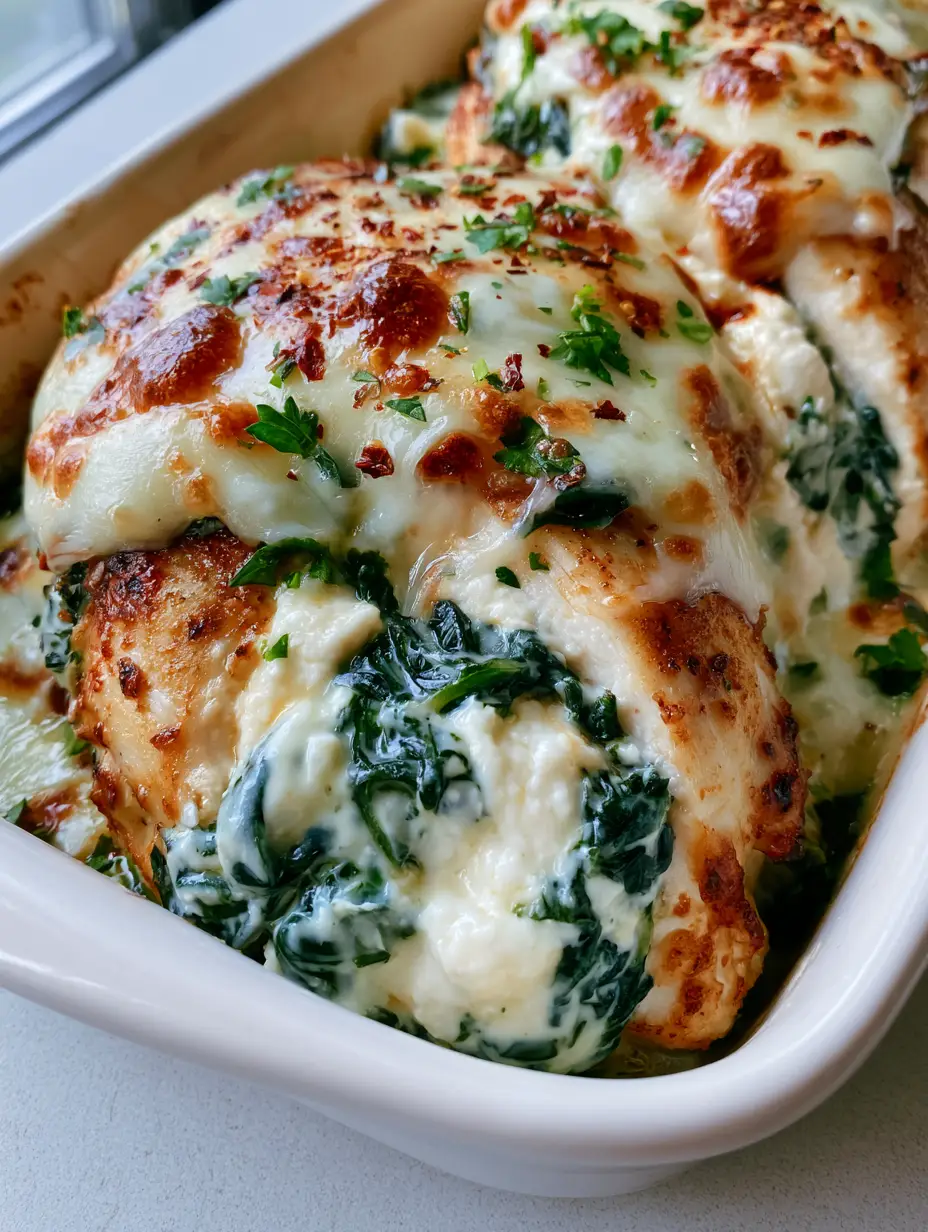 Smartphone photo of Spinach Ricotta Chicken in a ceramic dish with golden-brown toasted mozzarella.