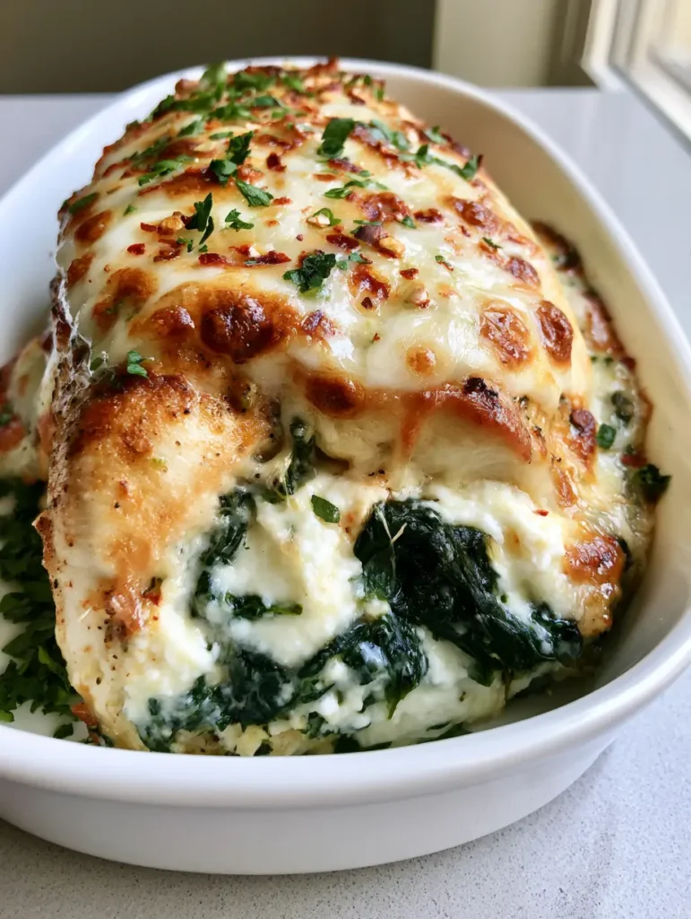 A cross-section of Spinach Ricotta Chicken showing the thick white ricotta and dark green spinach filling.