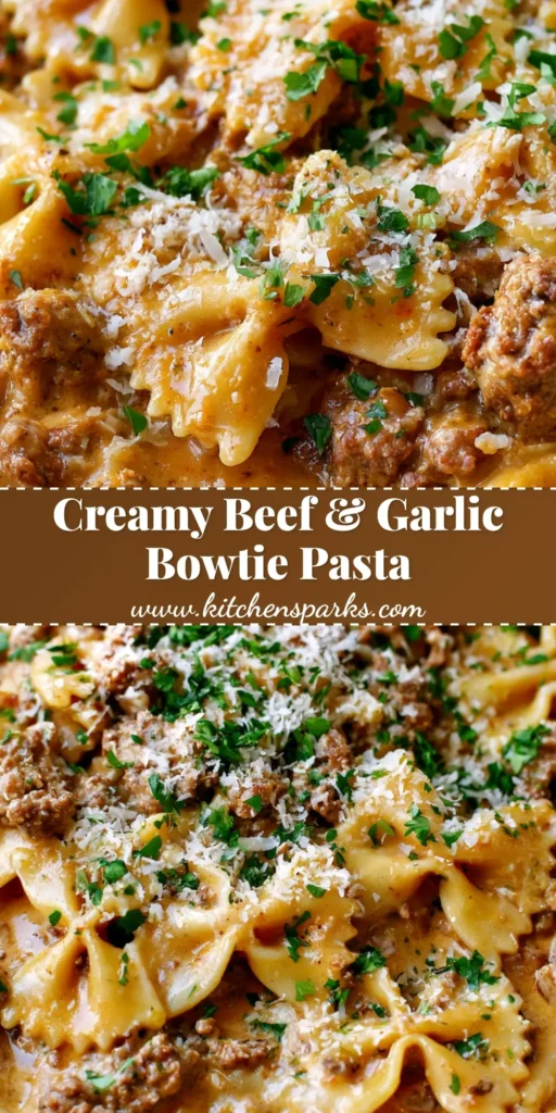 A close-up shot of Creamy Garlic Parmesan Beef Bowtie Pasta with browned beef crumbles and fresh parsley in a white bowl.